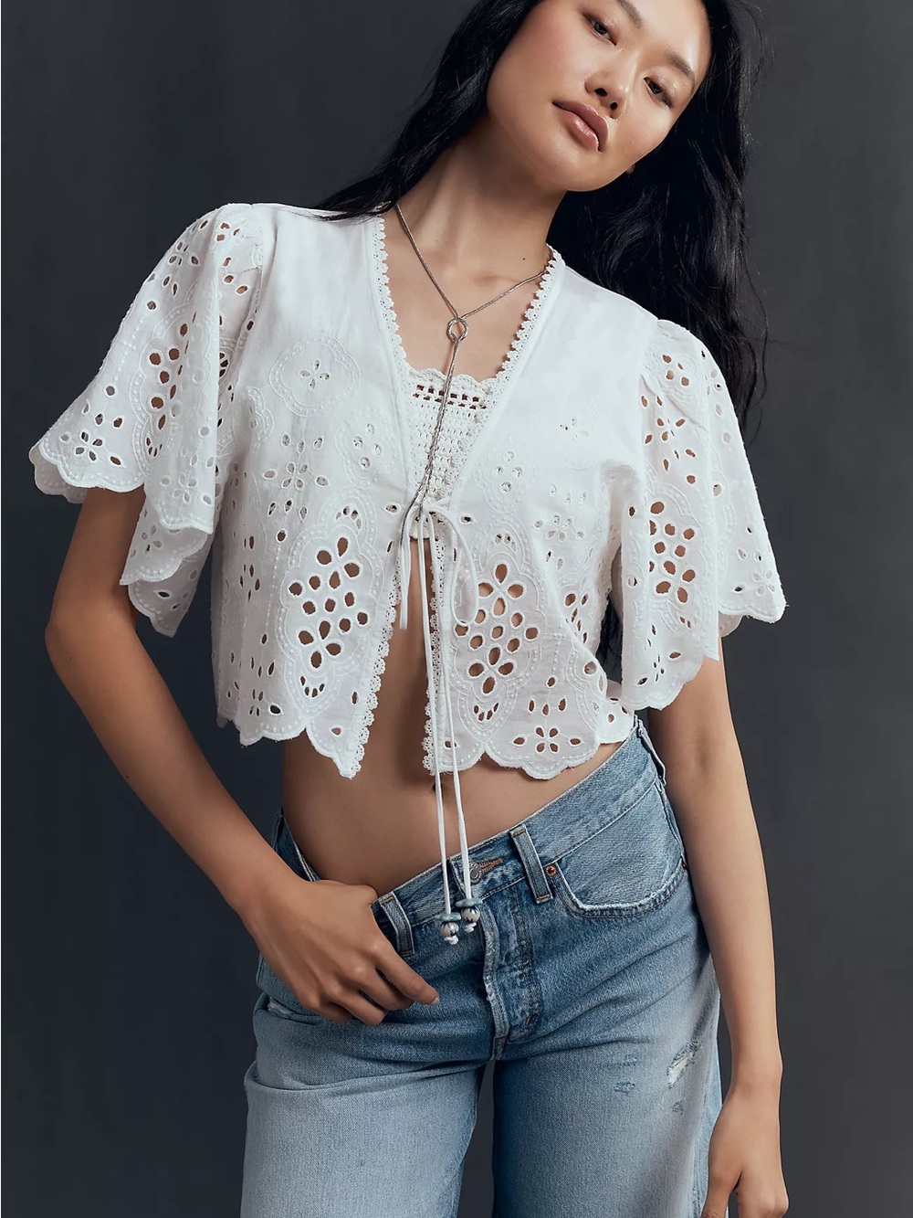 Maeve Anthropologie White Eyelet Tie Front Crop Top XS